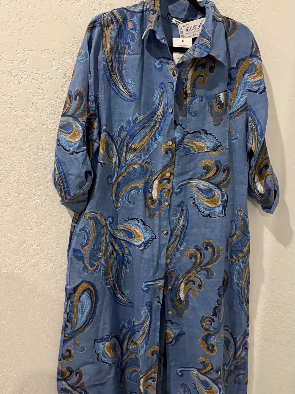 Italina Blue Paisley Button-Front Maxi Dress with Gold Accents